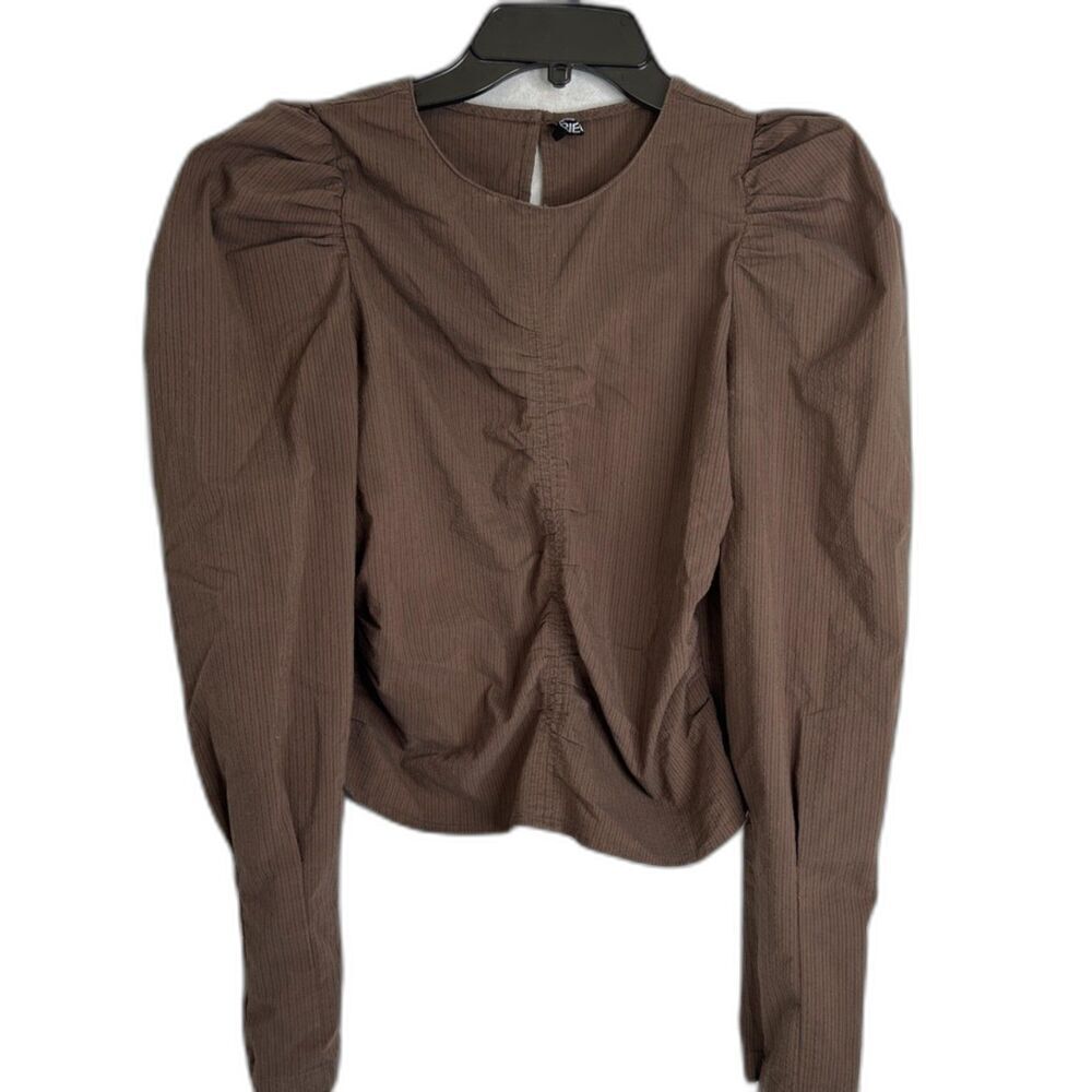 Pieces Brown Puff Shoulder Long Sleeve Scoop Neck Ruched Top Sz SM‎